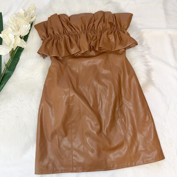 DO + BE Faux Leather Dress Size L Tan Camel Off‑Shoulder Ruffle Mini Dress - Picture 2 of 15